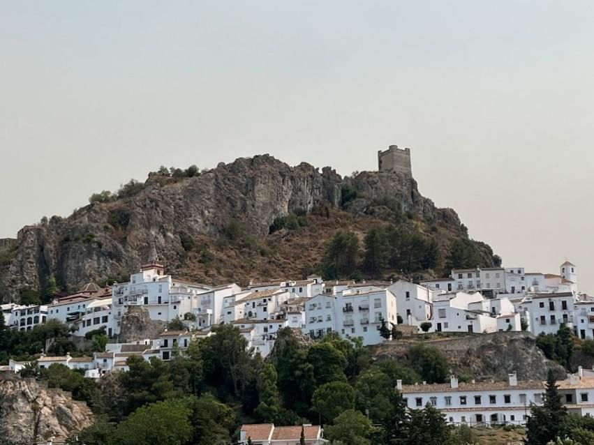 A small town on top of a hill with a castle in the background.