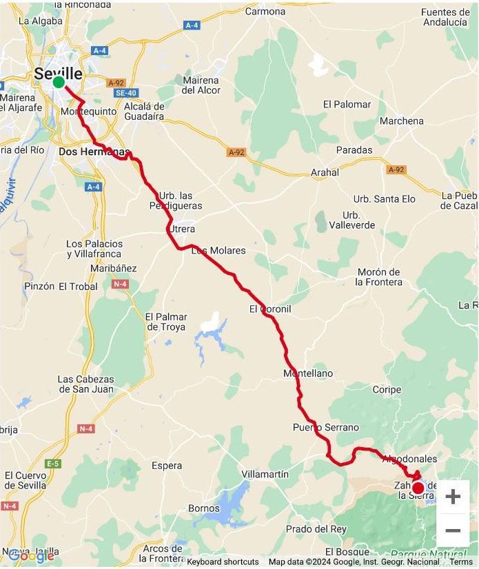 A map showing a red line going to sevilla