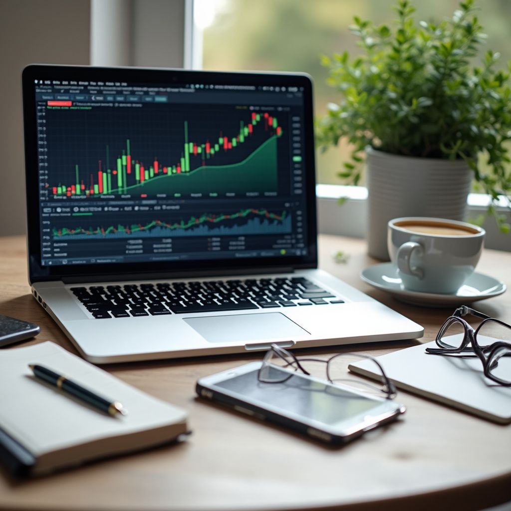 Laptop displaying stock charts on a wooden desk with coffee, notebook, phone, glasses, and a plant.