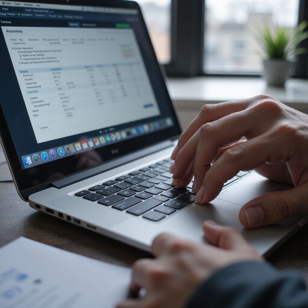 Hands typing on a laptop, displaying a spreadsheet. Paper documents are on the table.