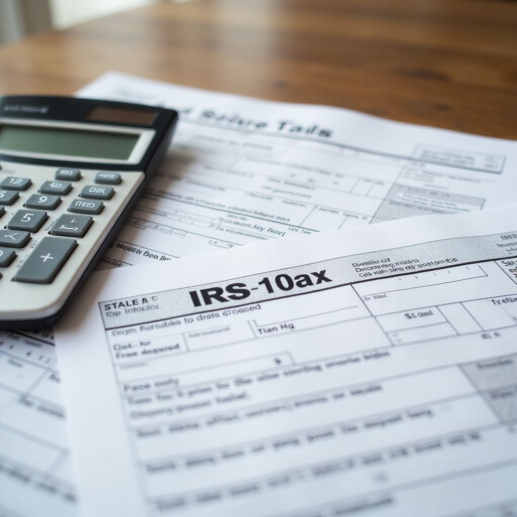 Calculator on tax forms; IRS 10ax form visible.