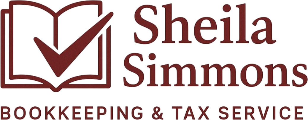 Logo: Book with checkmark, "Sheila Simmons Bookkeeping & Tax Service" in burgundy text.