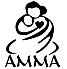 AMMA logo with a stylized black outline of a mother holding a child and the word “AMMA” below