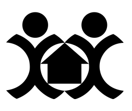Black icon of two stylized people surrounding a house, suggesting community or home support