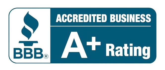 BBB Accredited Business logo, A+ Rating, turquoise and white.