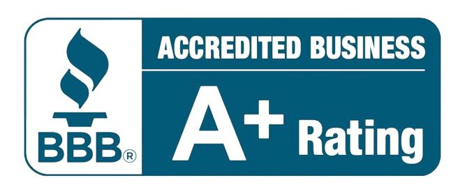 BBB Accredited Business logo, A+ Rating, turquoise and white.