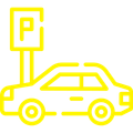 a yellow icon of a car parked next to a parking sign .