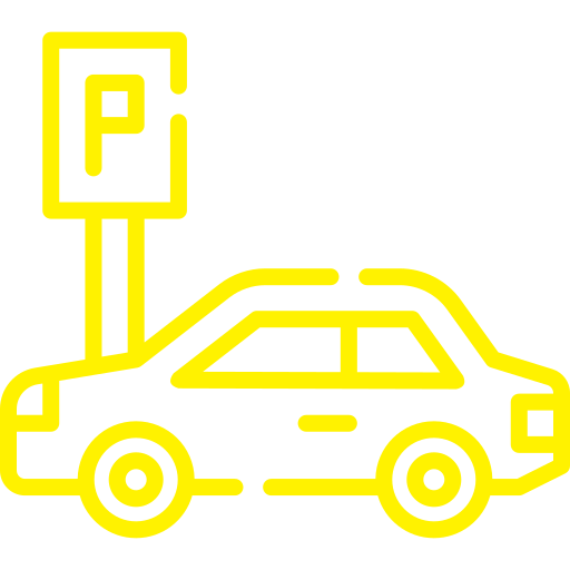 a yellow icon of a car parked next to a parking sign .
