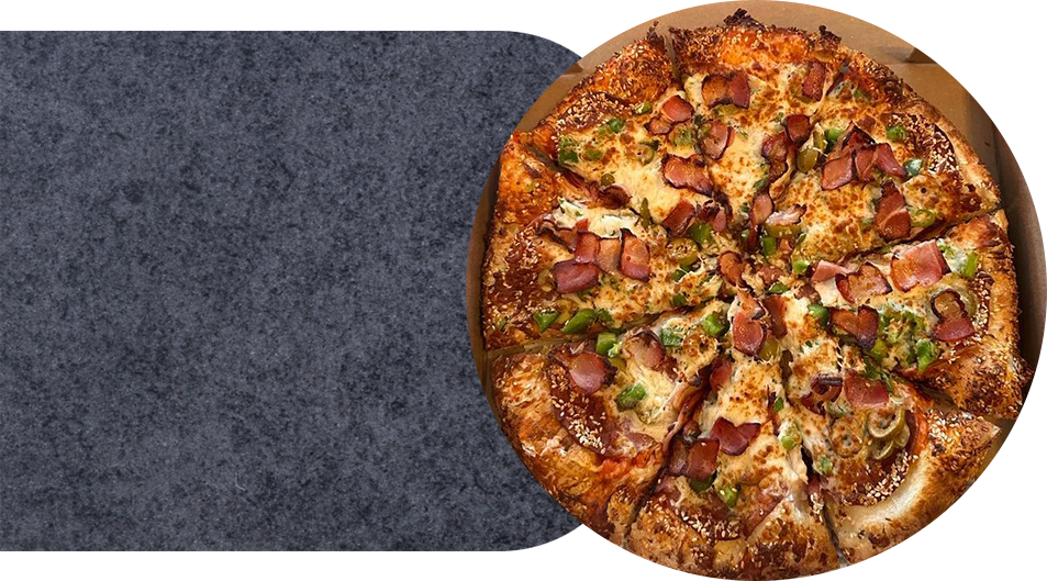 a pizza is sitting on top of a gray mat .