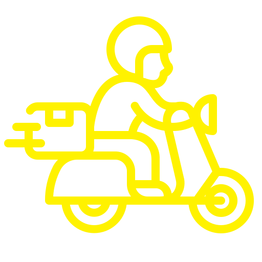 a delivery man is riding a scooter with a bag on the back .