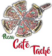 a logo for a pizza restaurant called pizza cafe tache