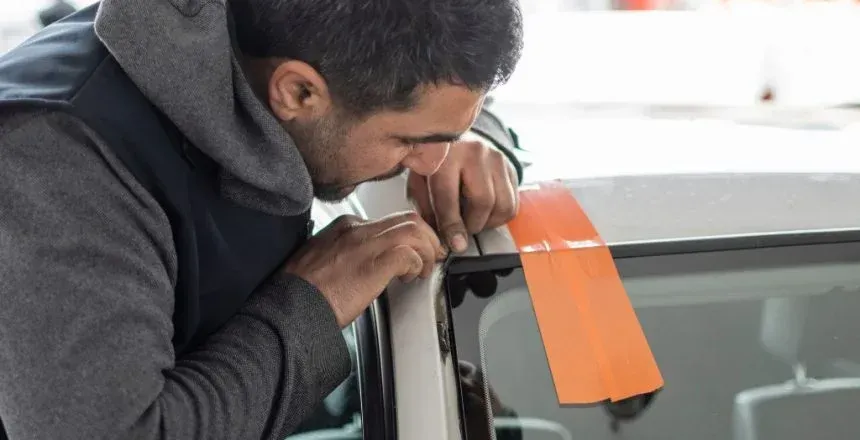 Man inspecting a car, orange tape held near windshield, outdoors.