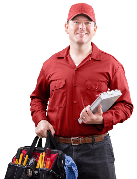 Man in red work uniform holding a toolbox and clipboard, smiling.