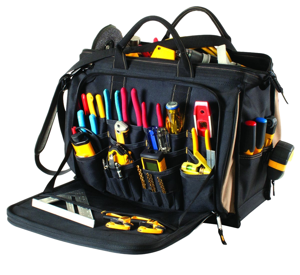 Black tool bag filled with hand tools, open to display contents.