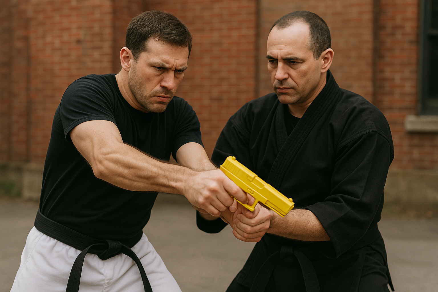 A man is holding another man 's hand while holding a yellow object.