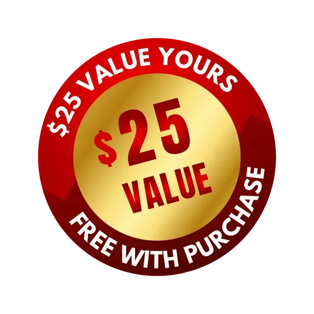 A sticker that says $ 50.00 value yours free with purchase