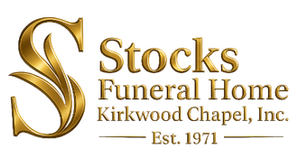 Gold Stocks Funeral Home logo. Includes a stylized "S" and text. "Kirkwood Chapel, Inc." and "Est. 1971" are included.