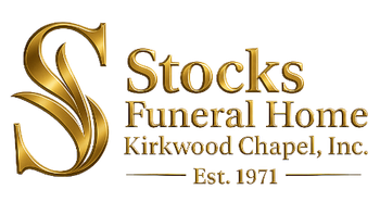 Gold Stocks Funeral Home logo. Includes a stylized "S" and text. "Kirkwood Chapel, Inc." and "Est. 1971" are included.