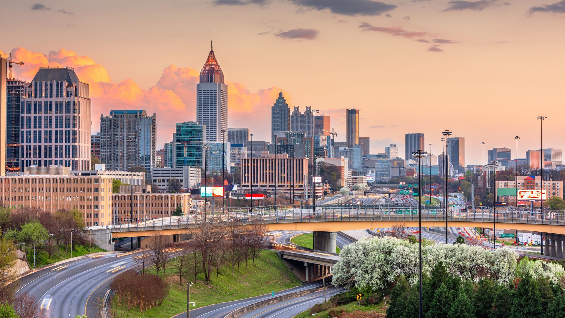 A fountain in a park with palm trees in the background