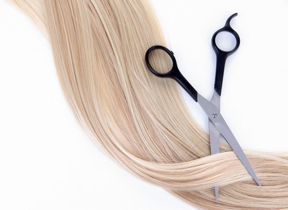 A Pair of Scissors Sitting on Top of a Piece of Blonde Hair — Losh Hair Lounge In Toowoomba City, QLD