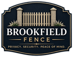 Brookfield Fence Logo with Black and Gold Sign Emblem, Fence Graphic, Stone Pillars, Landscaping, Tagline, and Company Name