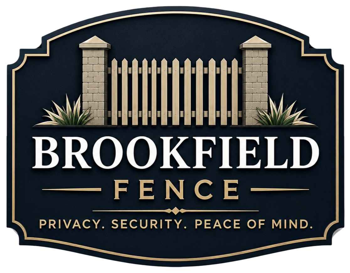 Brookfield Fence Logo with Black and Gold Sign Emblem, Fence Graphic, Stone Pillars, Landscaping, Tagline, and Company Name