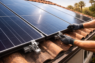 Hands in work gloves secure a solar panel onto a terracotta tile roof using metal mounting hardware.