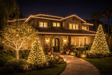 A two-story house at night illuminated by golden string lights on the roof, trees, and an arched entryway.