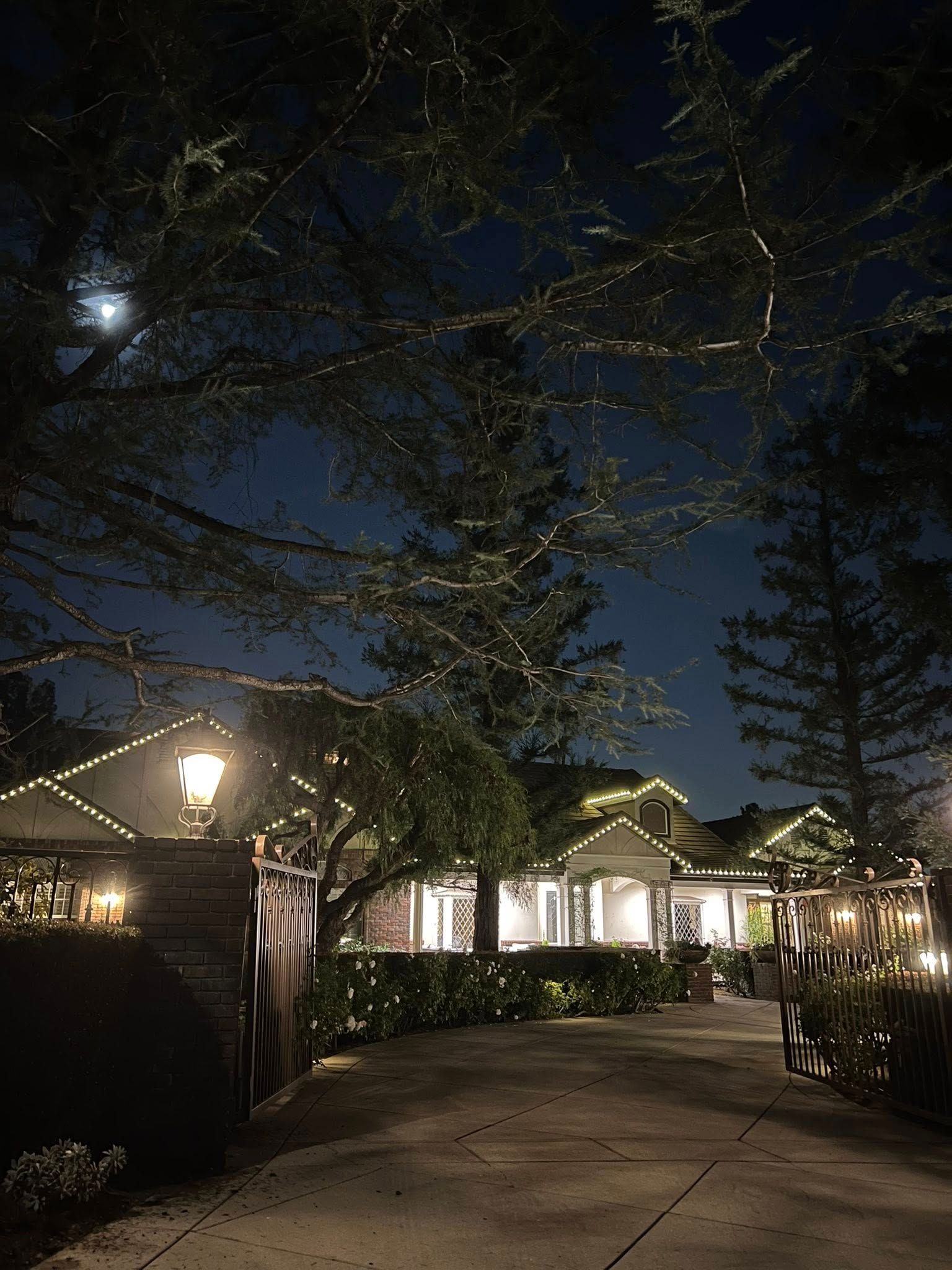 A house and driveway illuminated by warm string lights at night, with a bright moon visible through tree branches above.