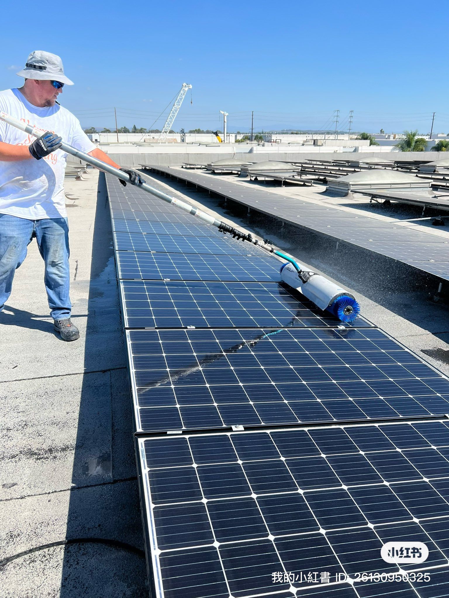 A worker in a hat uses a long-handled cleaning brush to scrub a row of solar panels on a flat rooftop under a blue sky.