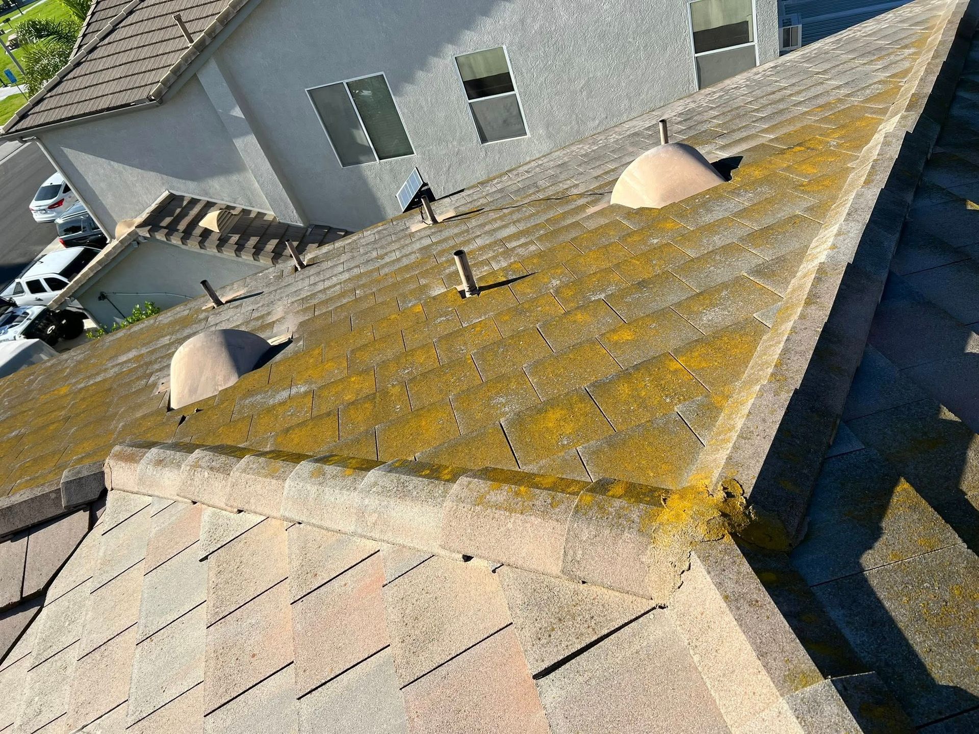 A high-angle view of a residential shingled roof with moss growth, two dome skylights, and a vent pipe.