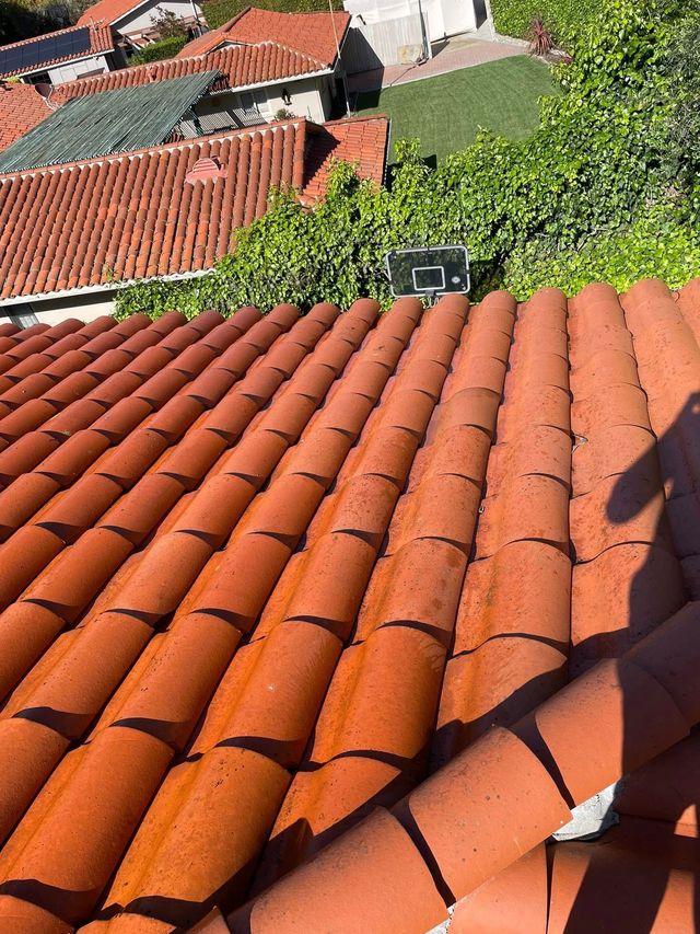 A high-angle view looking down at a red clay tile roof, with a basketball hoop visible in the background greenery.