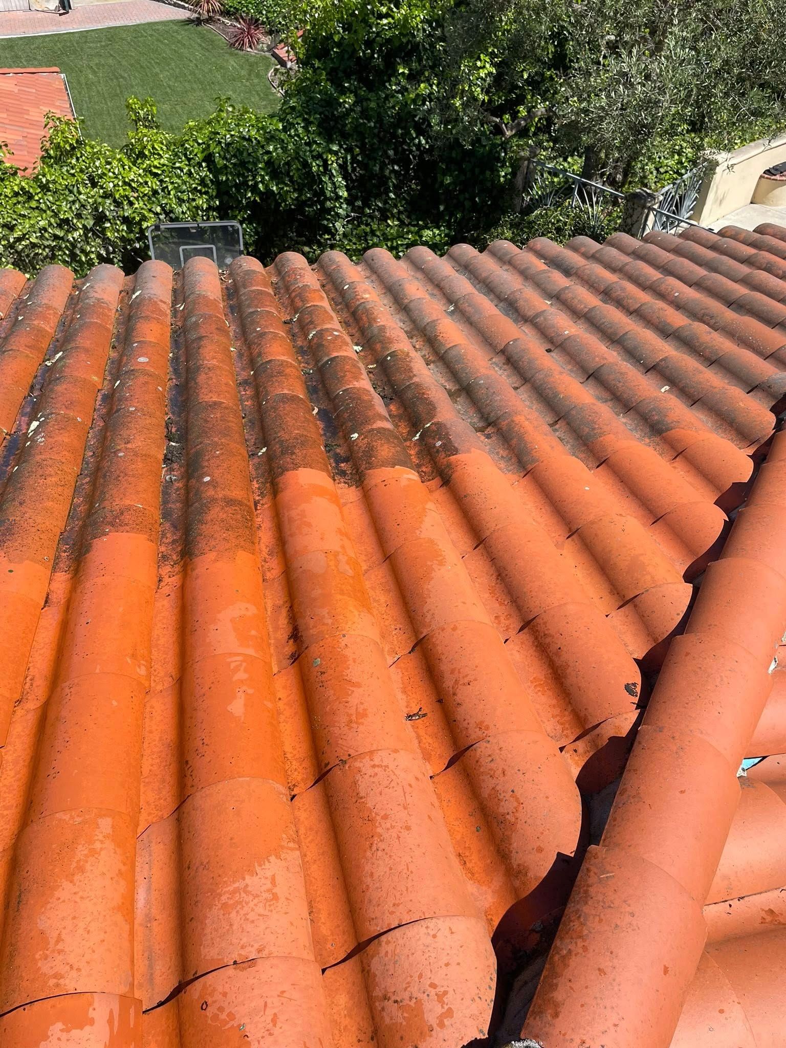 A clay-tiled roof half-cleaned, showing the stark contrast between dirty, dark tiles and bright orange, clean ones.
