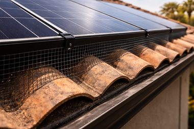 Solar panels installed on a tiled roof with wire mesh bird guards attached to the edges to prevent nesting.