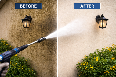 A split-screen comparison showing a pressure washer cleaning a dirty, stained wall, revealing a clean, light-colored surface.