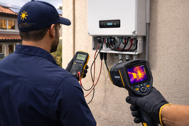 A technician in a navy shirt inspects an electrical inverter using a handheld multimeter and a thermal imaging camera.
