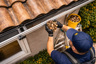 A worker in a blue cap and black gloves removes debris from a rooftop gutter into a yellow bucket.
