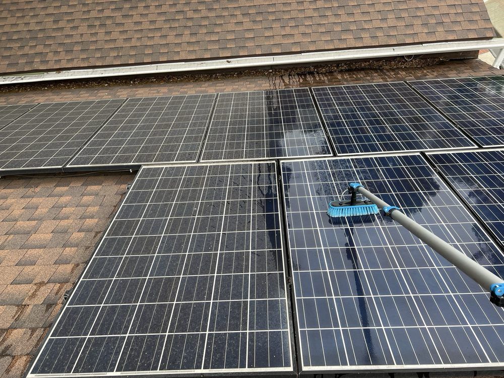 A blue brush on an extension pole cleans a rectangular solar panel array mounted on a shingled roof.
