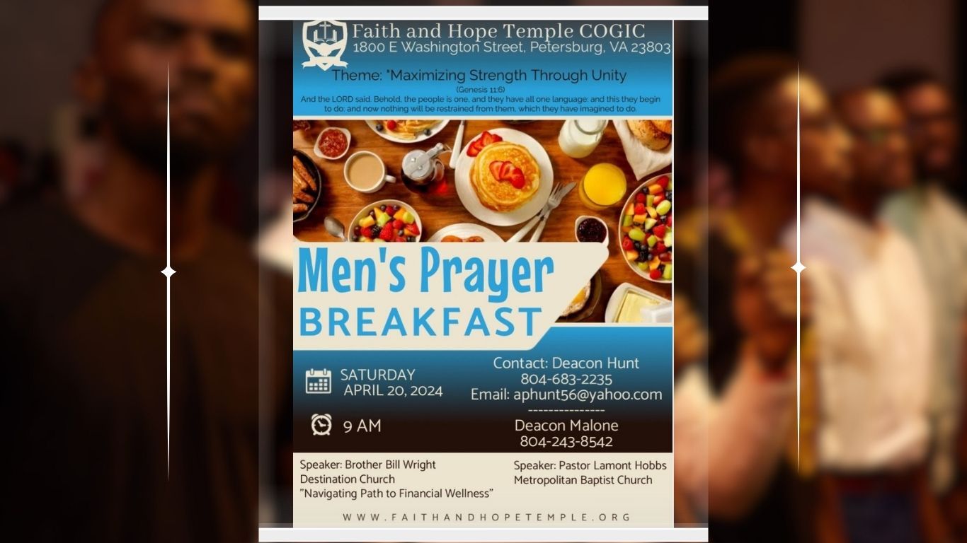 A poster for a men 's prayer breakfast with a picture of food on a table.