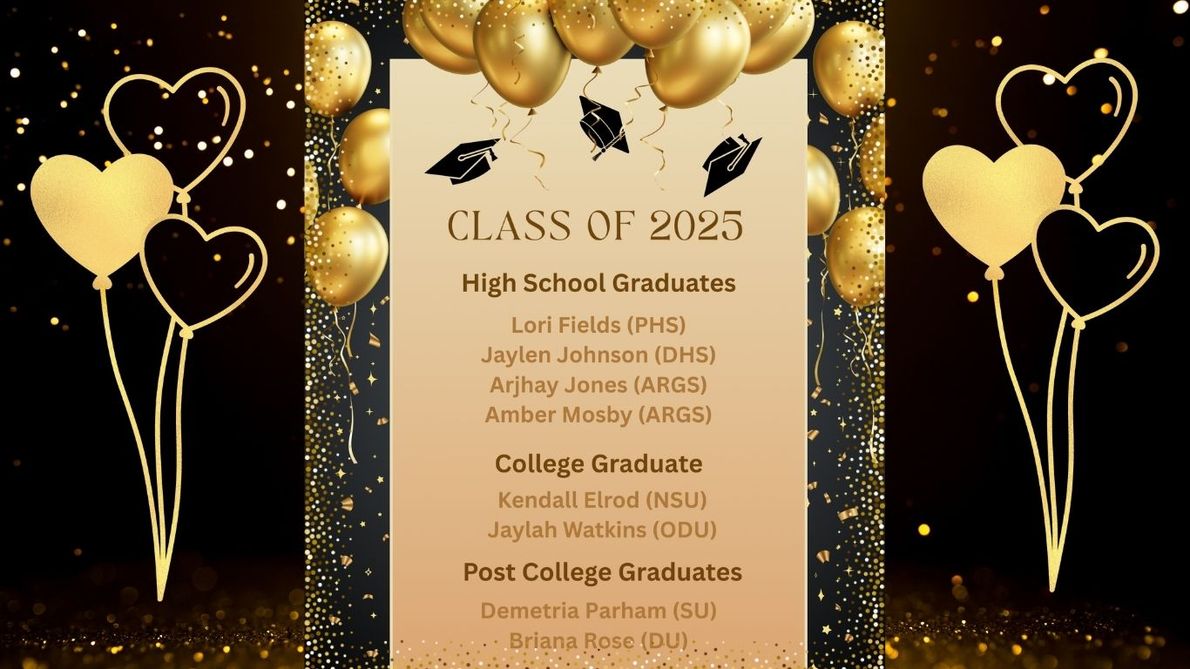 A graduation card for class of 2025 with gold balloons and hearts