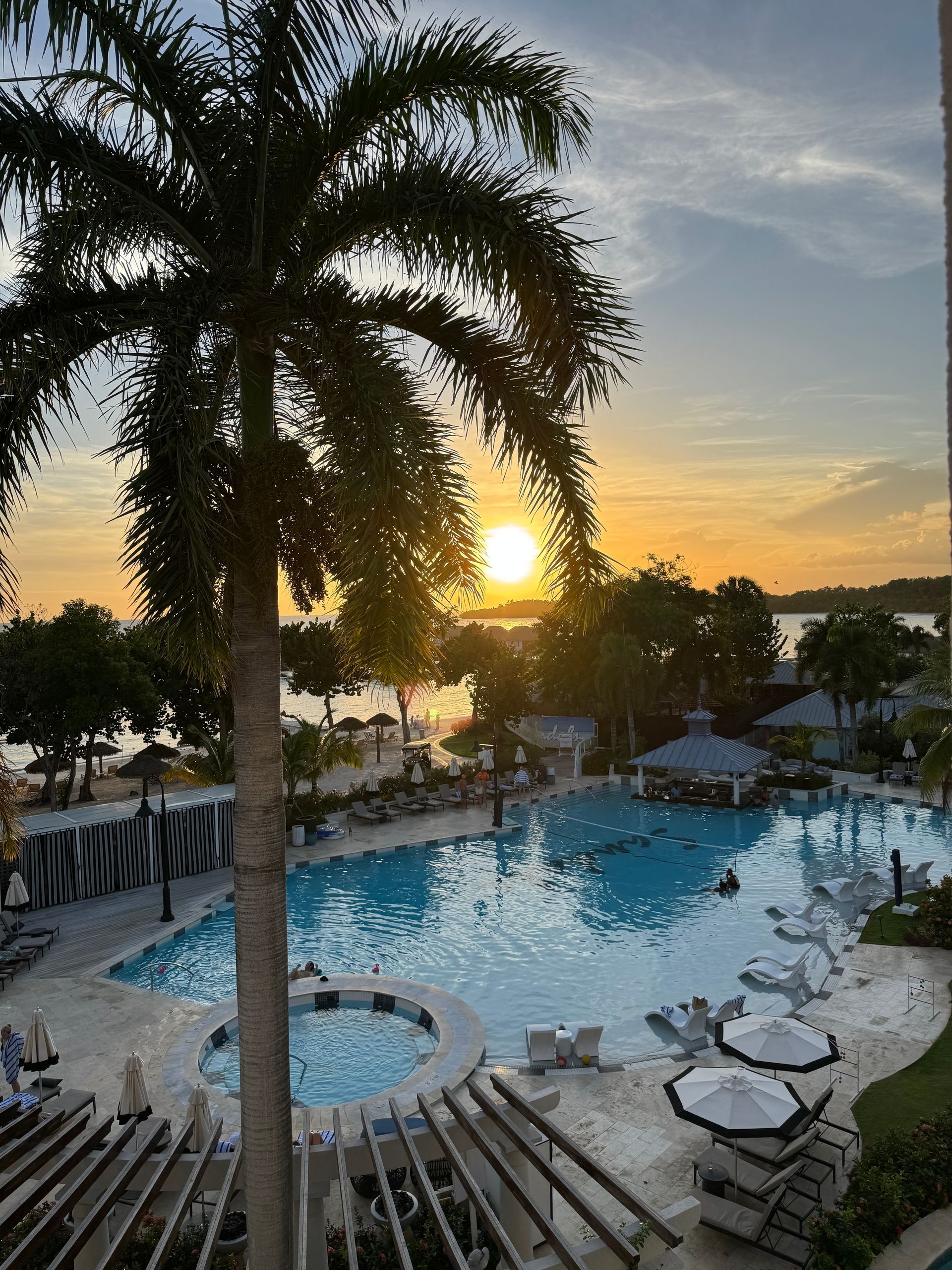 Pool and resort at sunset with palm tree silhouette.
