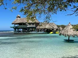 A thatched hut is floating on top of a body of water.