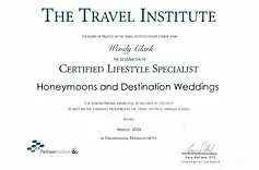 The travel institute is a certified lifestyle specialist for honeymoons and destination weddings.