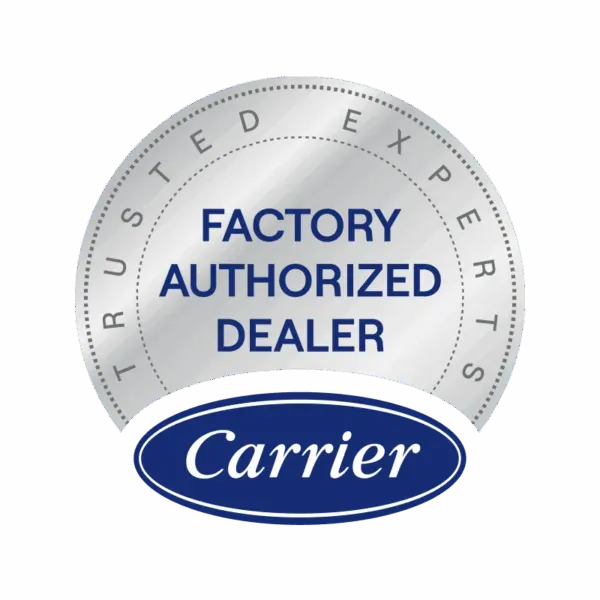 Carrier Factory Authorized Dealer logo with silver accents and dark blue oval logo.