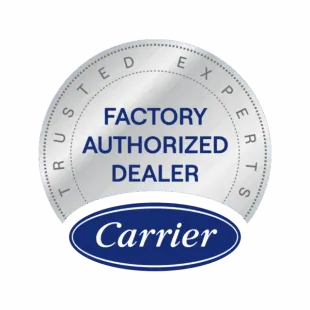 Carrier Factory Authorized Dealer logo with silver accents and dark blue oval logo.