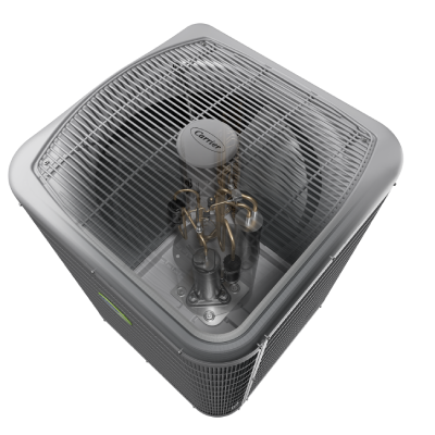 Carrier air conditioning unit, top view, silver fan cage, metal components.