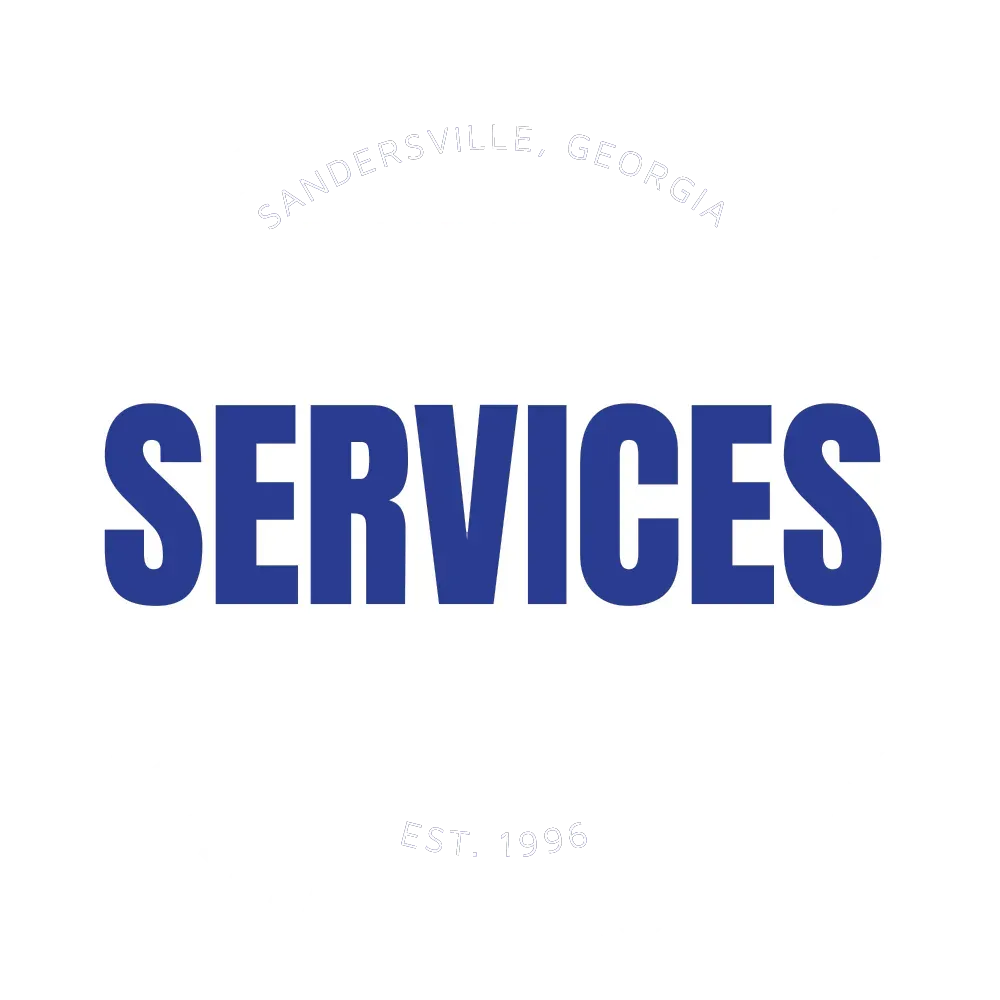 "SERVICES" in blue text, Sandersville, Georgia, Est. 1996, all on white background.