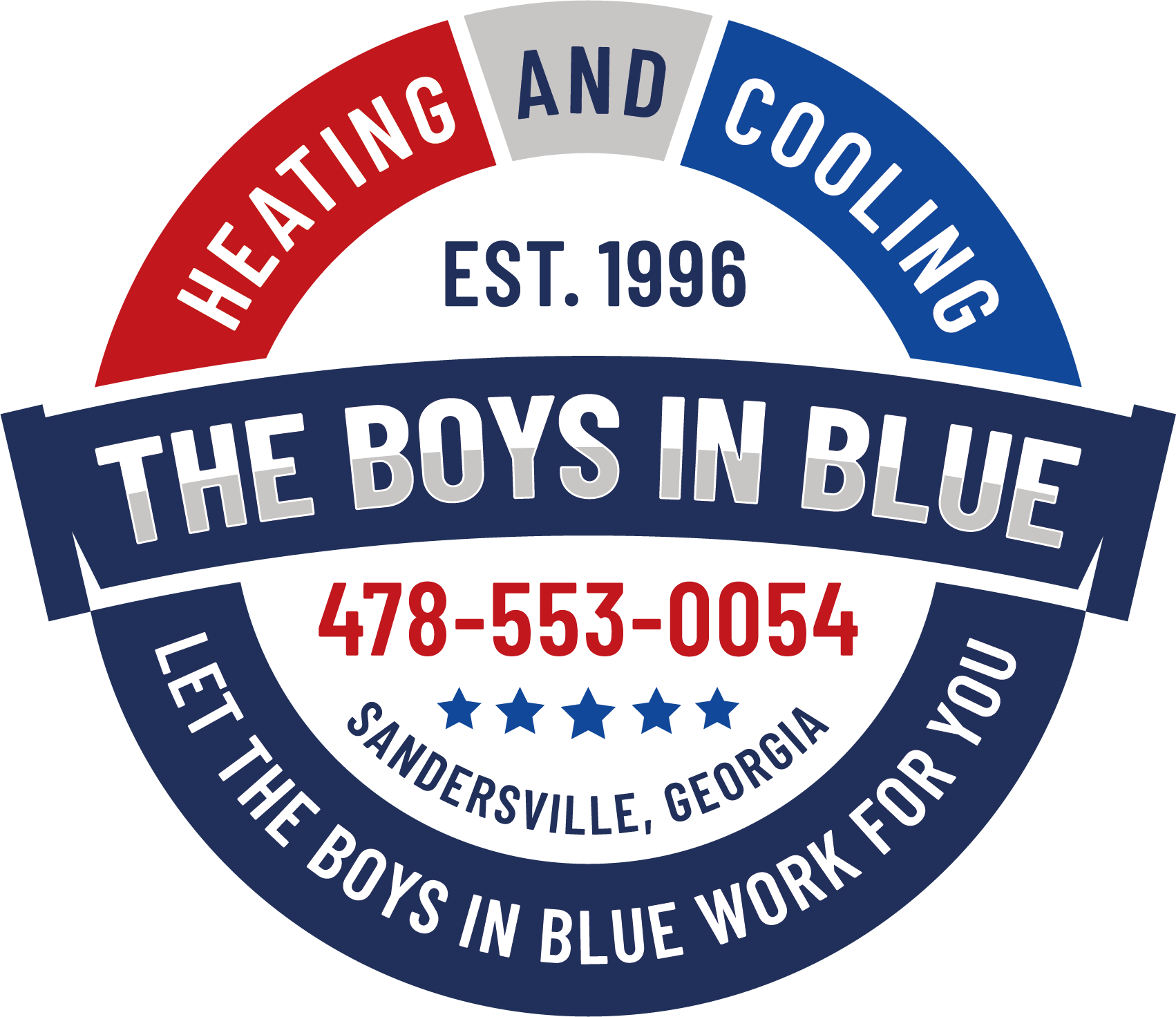 Logo for "The Boys in Blue" heating and cooling service, Sandersville, Georgia. Features text in red, blue, and white.