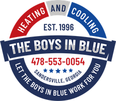 Logo for "The Boys in Blue" heating and cooling service, Sandersville, Georgia. Features text in red, blue, and white.