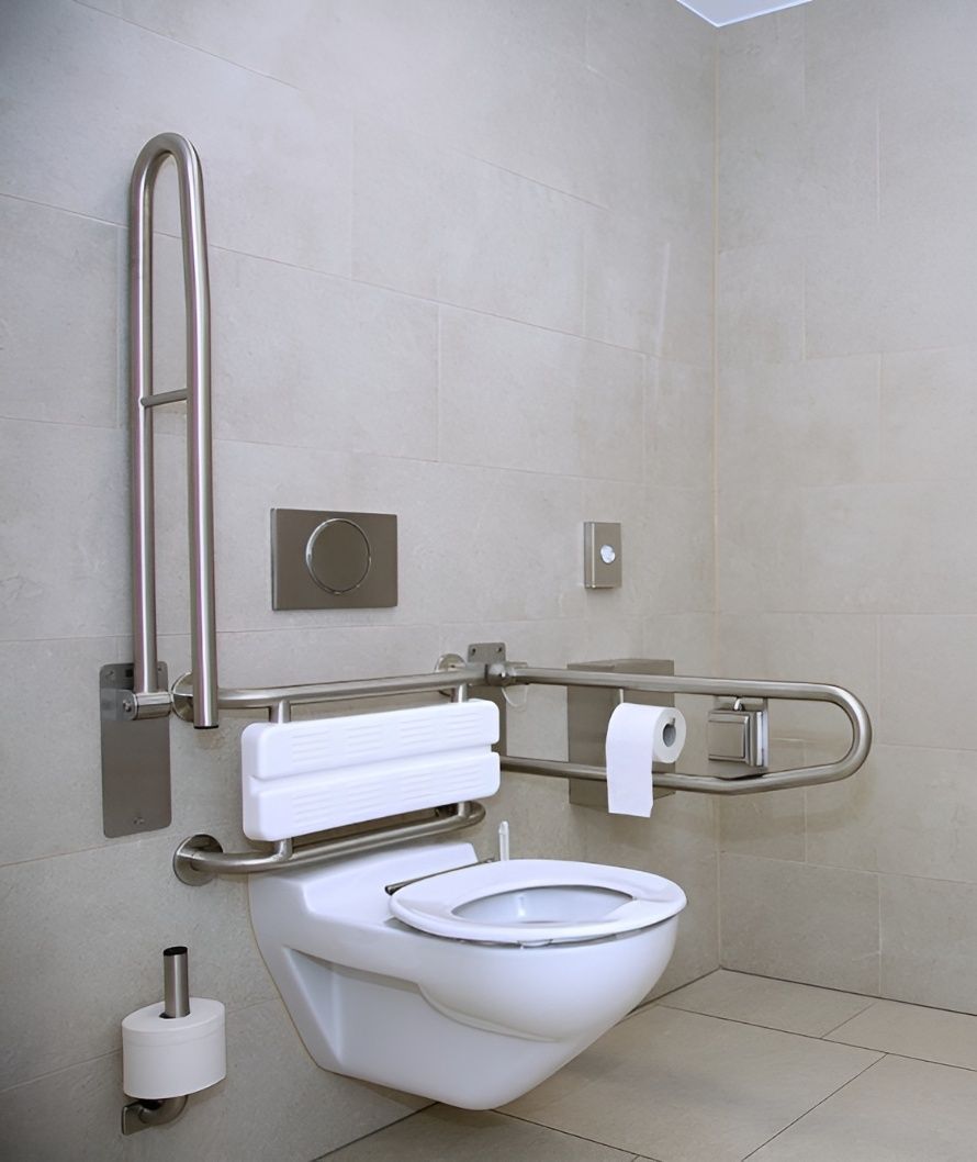 A Bathroom With a Toilet and a Stainless Steel Railing — Mick's Carpentry & Maintenance In Machans Beach, QLD